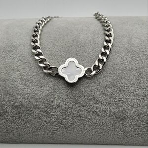 Chunky Cuban Link Stainless Steel Bracelet, Dual Sided Black and White Clover